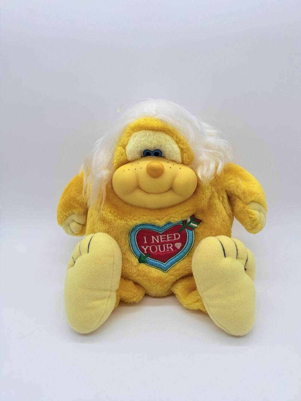 Vintage 1985 Animal Toy Plush I Need Your Love Heart Yellow Rubber Face 12"